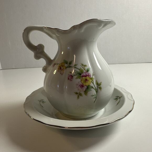 Lefton Other - Vintage Lefton Bone China Hand Painted Flower Water/Creamer Pitcher & Bowl-Japan
